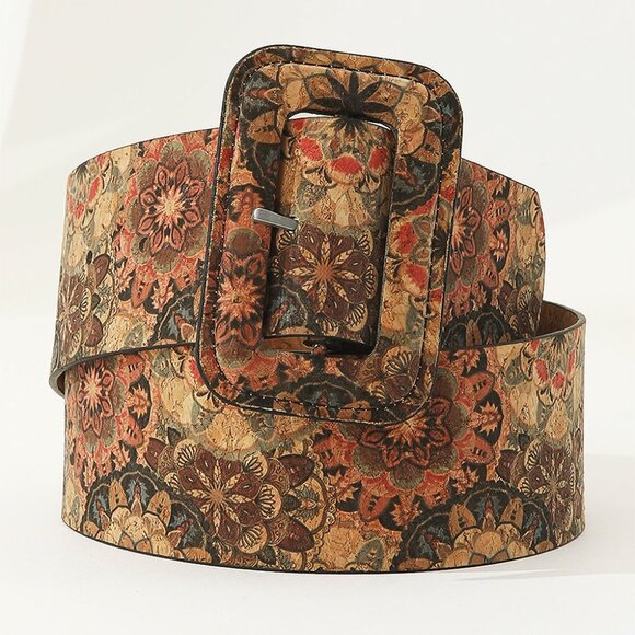 B254 Chestnut Western Floral Print Faux Leather Waist Belt - Picture 5 of 5